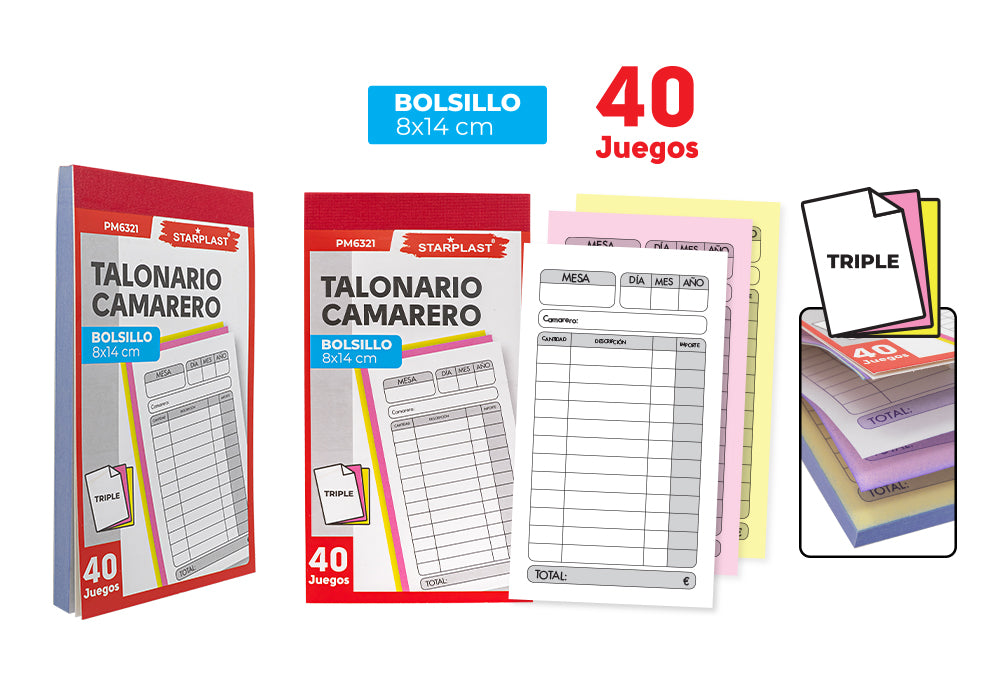 Talão de cheques de garçom bolso triplo 8X14Cm 40 conjuntos