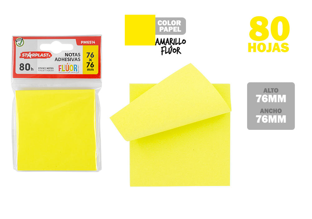 Bloco de Notas Adesivo 76X76Mm 80H Amarelo Fluorescente