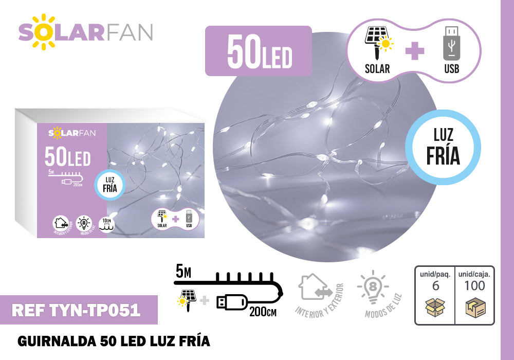 50 LUCES LED SOLARFAN - Guirnalda con luz fría, 5 metros