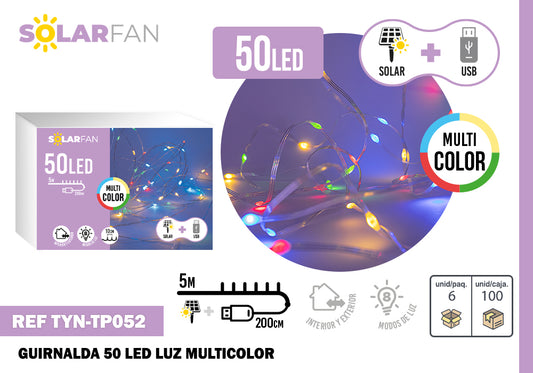 50 LUCES LED SOLARFAN - Guirnalda con luz multicolor, 5 metros, con usb