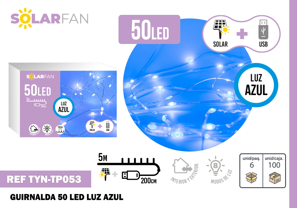 50 LUCES LED SOLARFAN - Guirnalda con luz azul